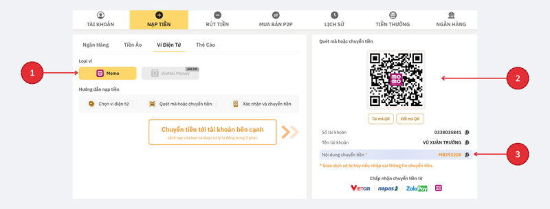 Nạp tiền CO88 qua Ví điện tử (Momo/Viettel Money)