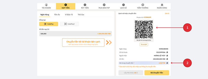 Nạp tiền CO88 qua ngân hàng (CodePay/CodePay2)
