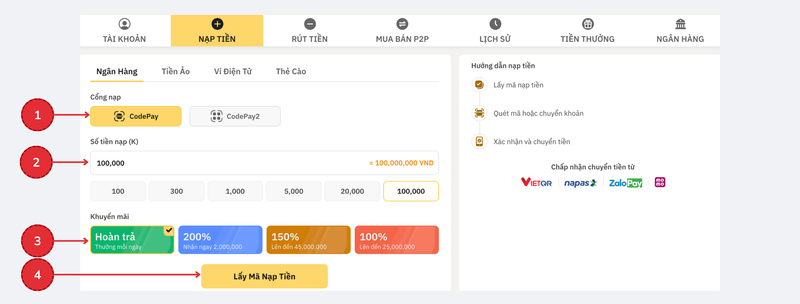 Nạp tiền CO88 qua ngân hàng (CodePay/CodePay2)